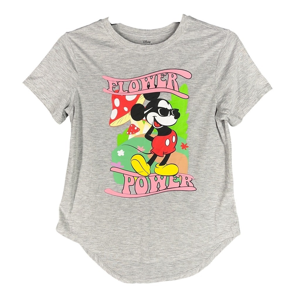 Disney Mickey Mouse Flower Power Graphic Tee Mushroom Sunglasses Hippie L Junior
